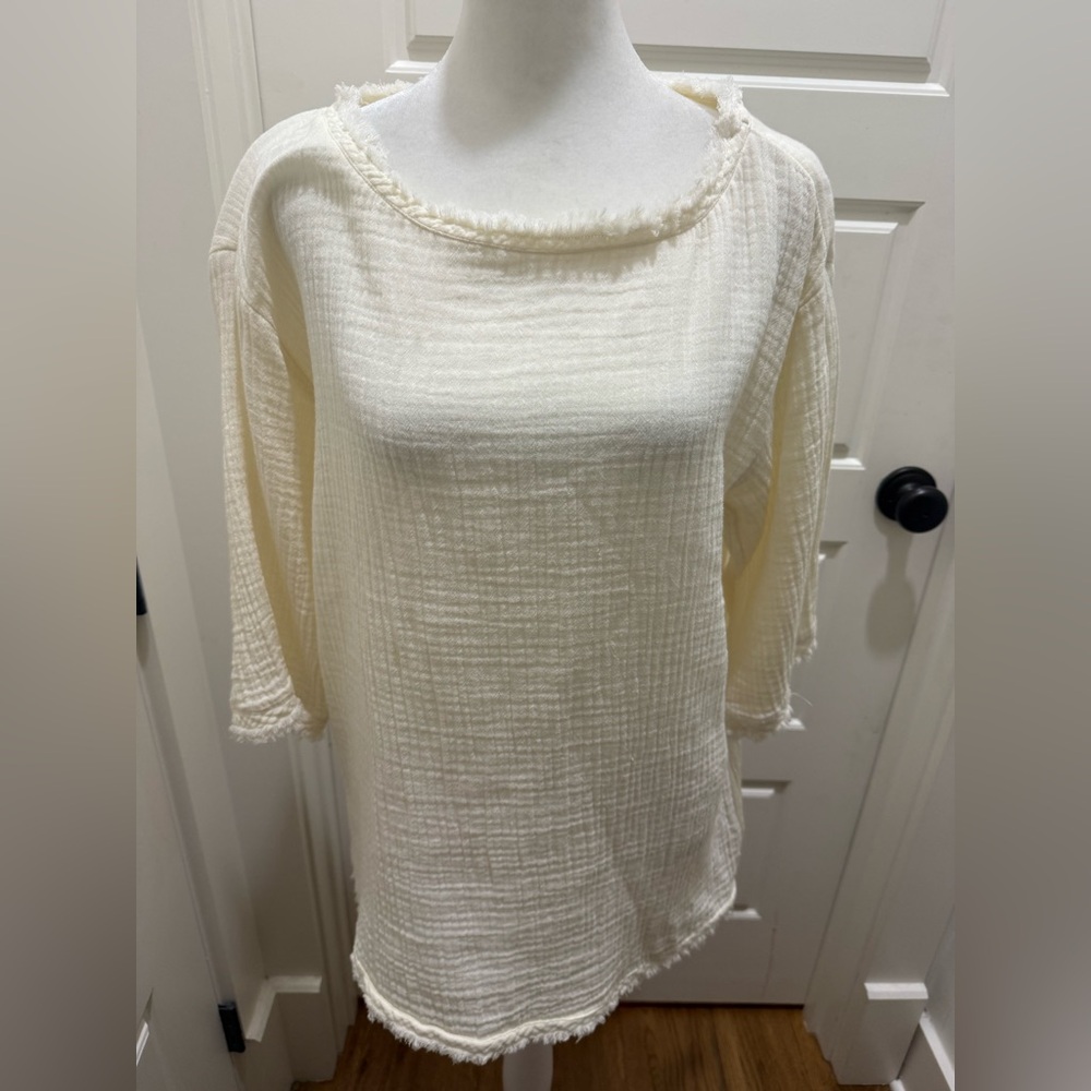 Eileen Fisher. Organic Cotton Gauze Fringe Blouse. Size Small. - Picture 2 of 11